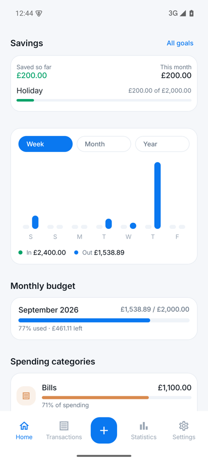 The Expense101 home screen: total balance, income and expenses, upcoming payments and savings goals.