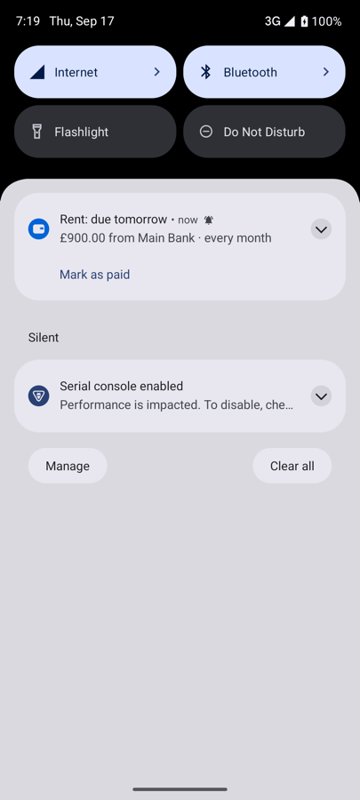 A notification reading: Rent, due tomorrow, £900.00 from Main Bank, every month, with a Mark as paid button.
